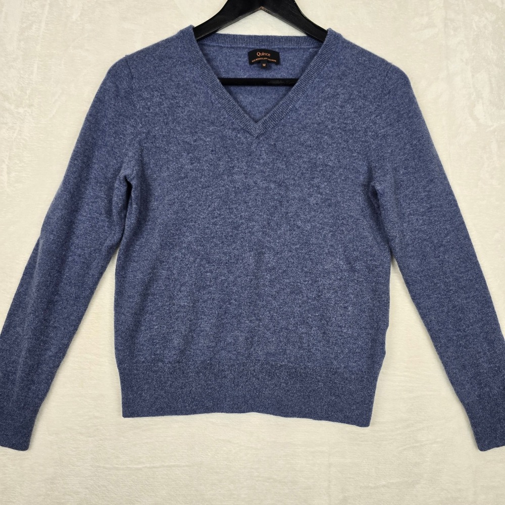 Quince 100% Mongolian Cashmere V-Neck Sweater Heather Blue Medium